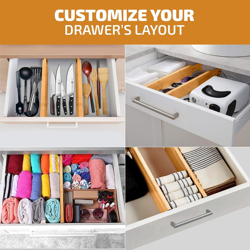 Bambüsi 4-Pack Drawer Divider - 2.6" High, 16" to 22" Adjustable Bamboo Drawer Organizers for Clothes, Expandable Dresser Separators in Bedroom/Bathroom/Kitchen/Office Organization and Storage