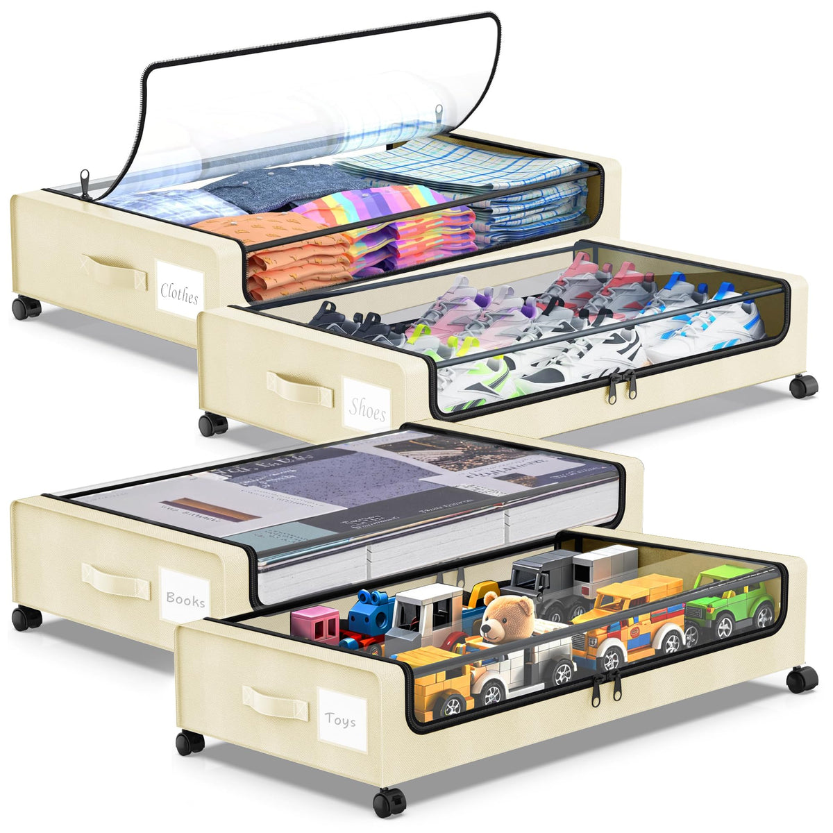 Molutsody Under Bed Storage with Wheels, 2-Pack Underbed Storage Containers with Clear Lids, Under Bed Shoe Storage Organizer, Rolling Under the Bed Storage Bins for Clothes Shoes Blankets (Black)