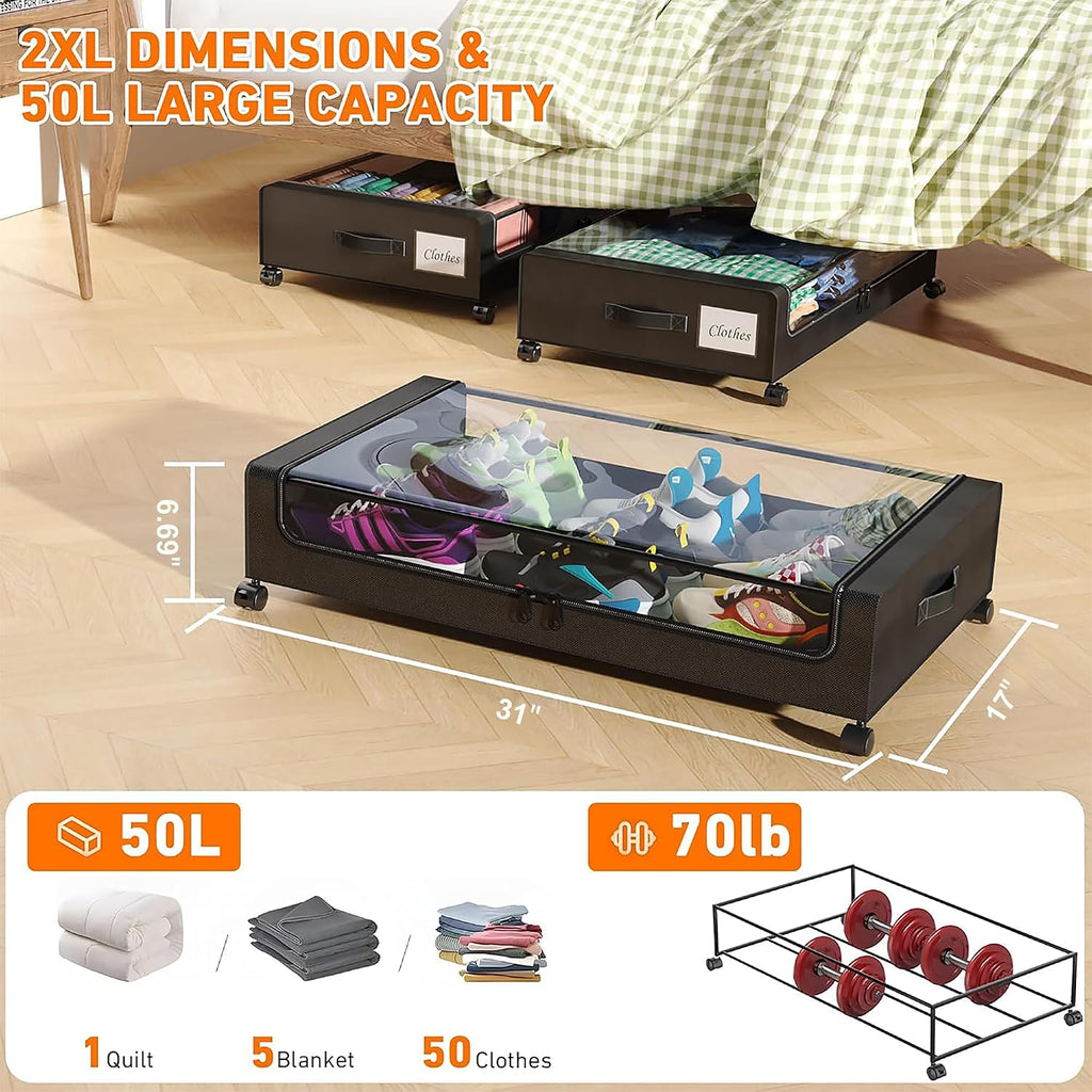 Under Bed Storage with Wheels, 2 Pack Under Bed Storage Containers with Clear Lids, XXL 65L Under Bed Storage Organizer, Rolling Under Bed Metal Drawer for Blanket, Clothes, Shoes (31 x 17 x 6.69 in)