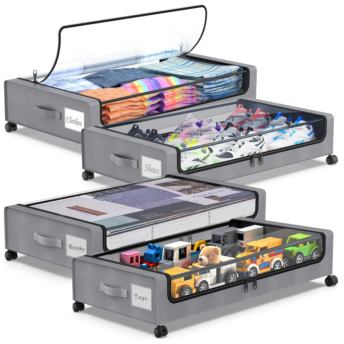 Molutsody Under Bed Storage with Wheels, 2-Pack Underbed Storage Containers with Clear Lids, Under Bed Shoe Storage Organizer, Rolling Under the Bed Storage Bins for Clothes Shoes Blankets (Black)