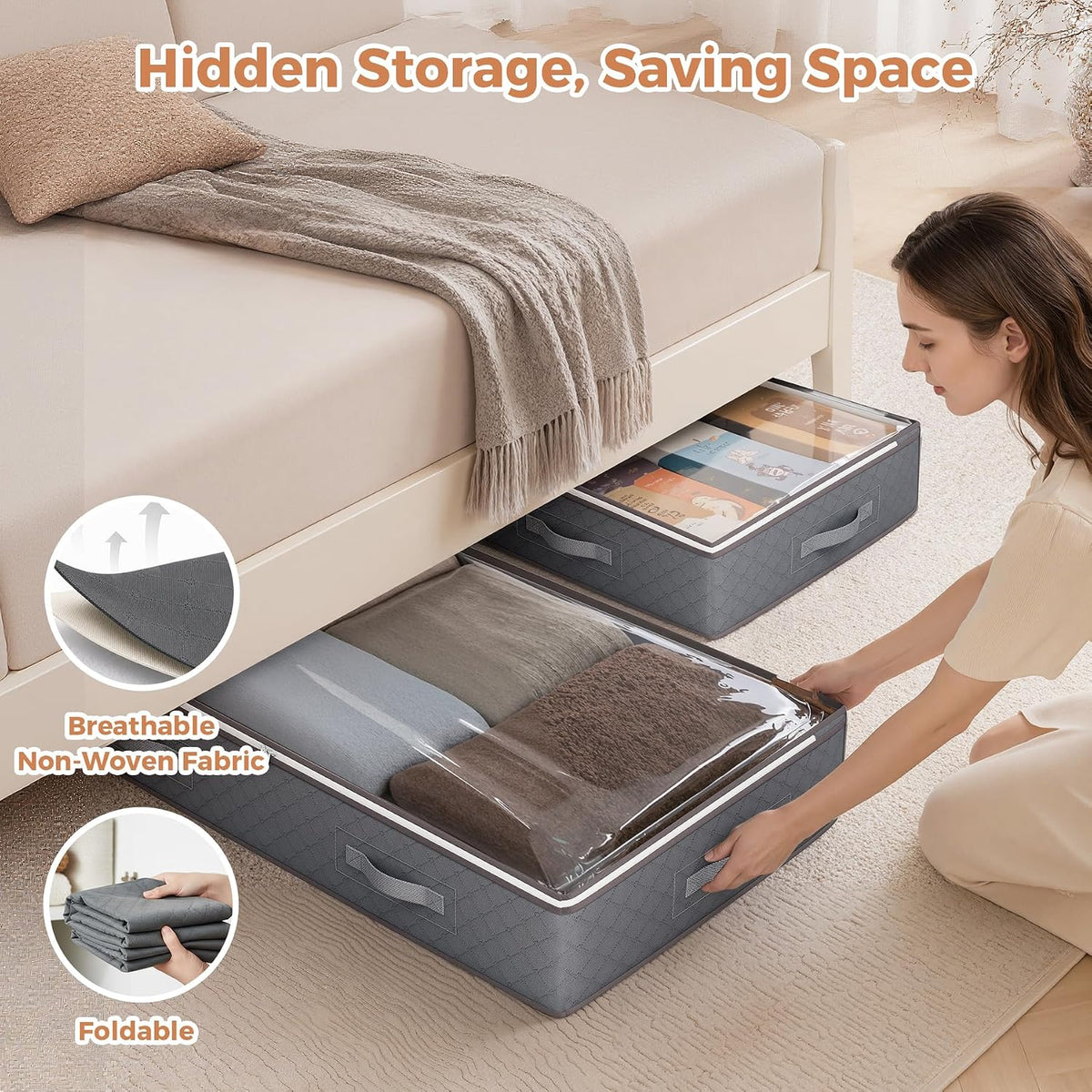 Budding Joy 95L Under Bed Storage Containers, 6 Pack Storage Bins, Grey