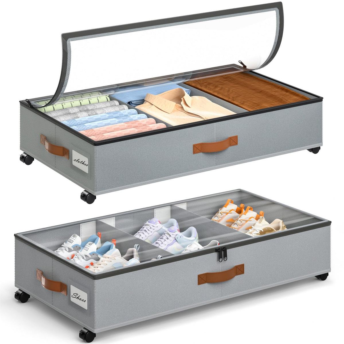 Yecaye Under Bed Storage with Wheels, 2 Pack Under Bed Storage Containers with Adjustable Dividers & Clear Lid, Rolling Underbed Organizer Bins Drawer for Clothes, Shoes, Blankets(30.3 x 16 x 6.7in)