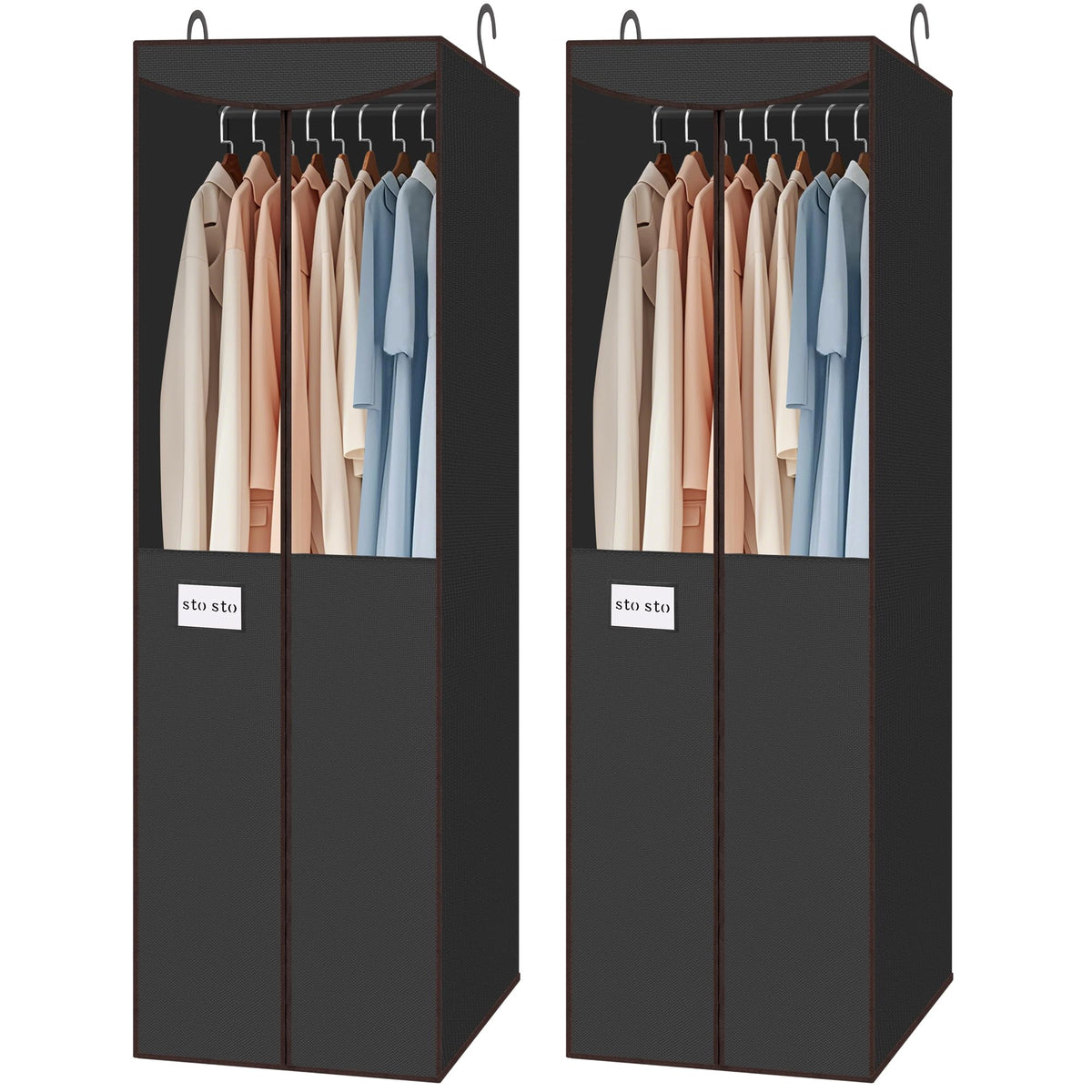 STO STO 2 Pack Garment Bag for Hanging Clothes Closet, Hanging Garment Cover with Built-in Steel Hanging Rod, Hanging Wardrobe Storage Bag for Suit, Dress with Clear Window, Zipper, ID Card, Gray