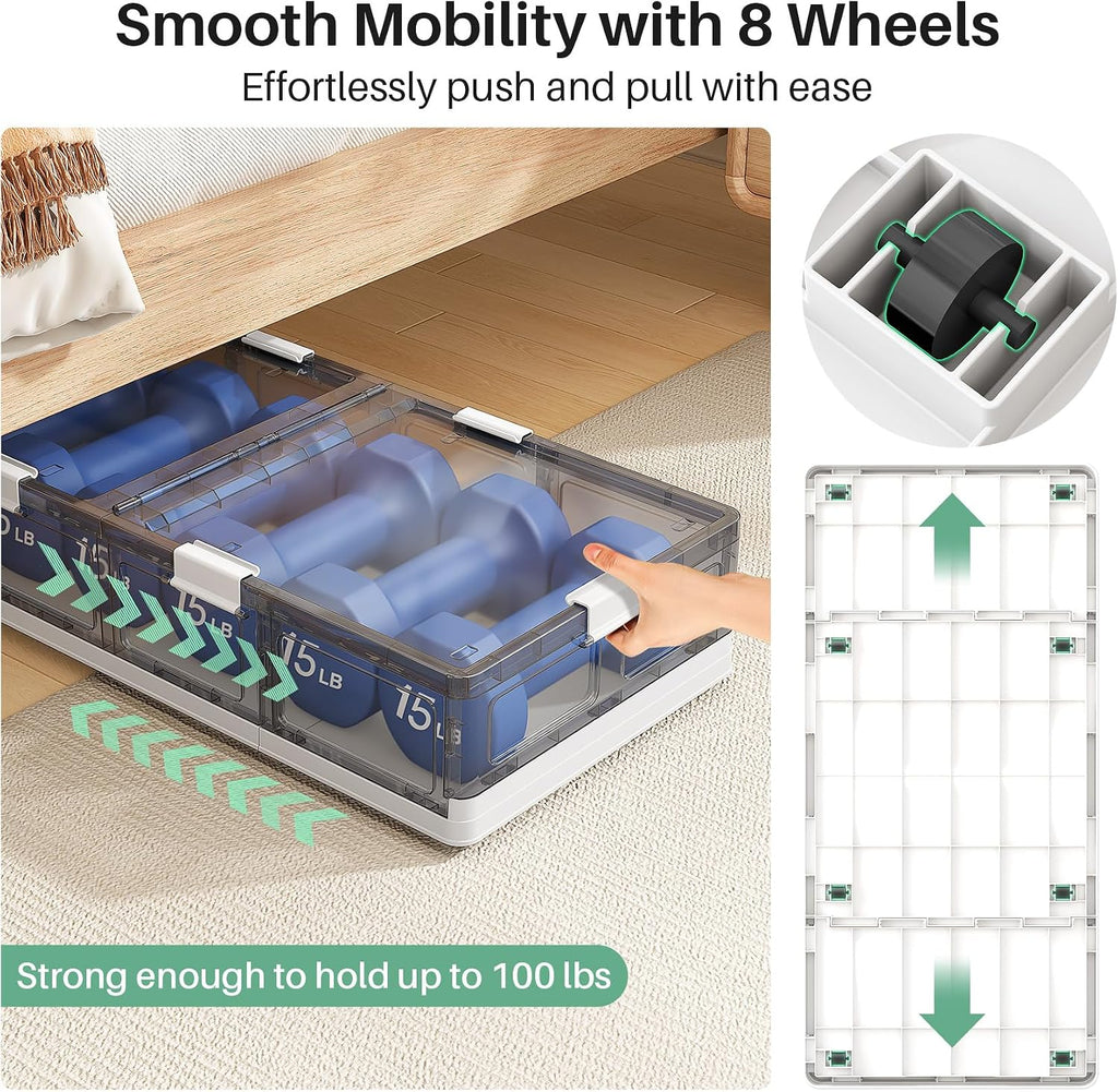 Kitstorack Clear Plastic Under Bed Storage Containers Bins with Lids and 8 Pre-installed Wheels,37.8 Qt, Rolling Foldable Flat Under Bed Organizer Boxes for Clothes Shoes Clothing Bedroom
