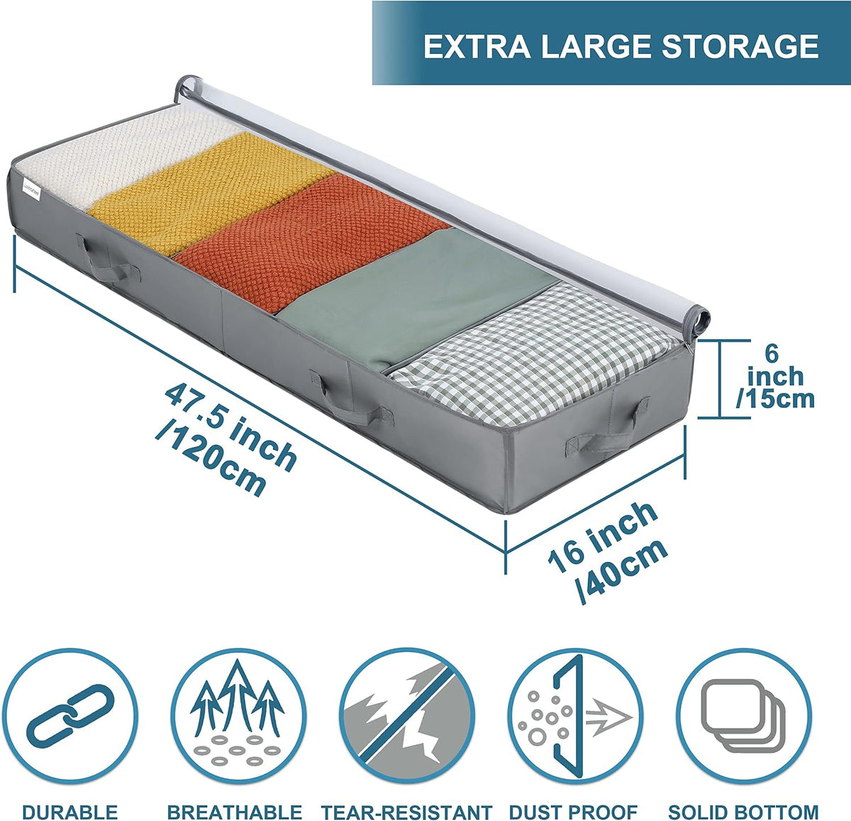 Under Bed Storage Containers, 2 Pack Under the Bed Bags, Clear Underbed Storage Bins with Sturdy | Adjustable Dividers | Sidewalls | Bottom, Closet Organizer for Clothes Sheet Blankets, 47.5x16x6in