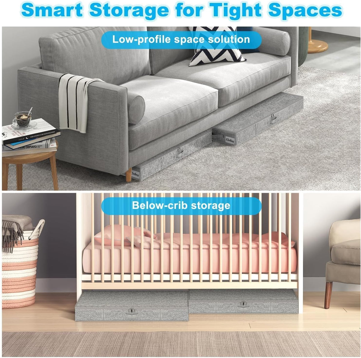 Under Bed Storage Container Bins 2 Pack, 4 Inch Thin Low Profile Underbed Clothes Storage Organizer for Dorm & Home, Use for Blanket and Toy Storage Box W/ Sturdy Bottom/Sides, Foldable Thick Fabric