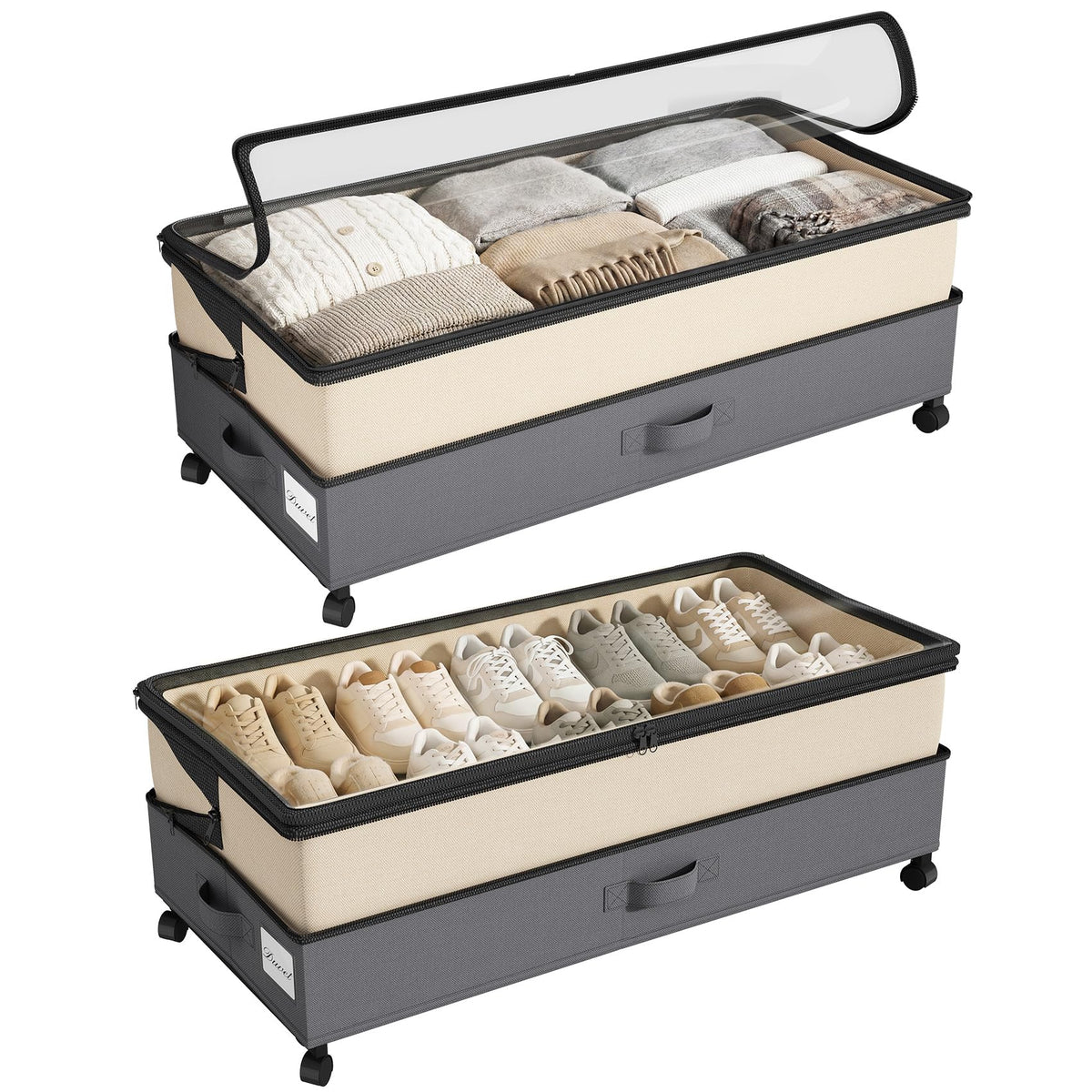 Kitstorack Under Bed Storage with Wheels 2Pack Height-adjustable Under Bed Storage Containers,Under Bed Shoe Storage Organizer with Clear Window&Label, Suitable for Clothes Storage, Gray
