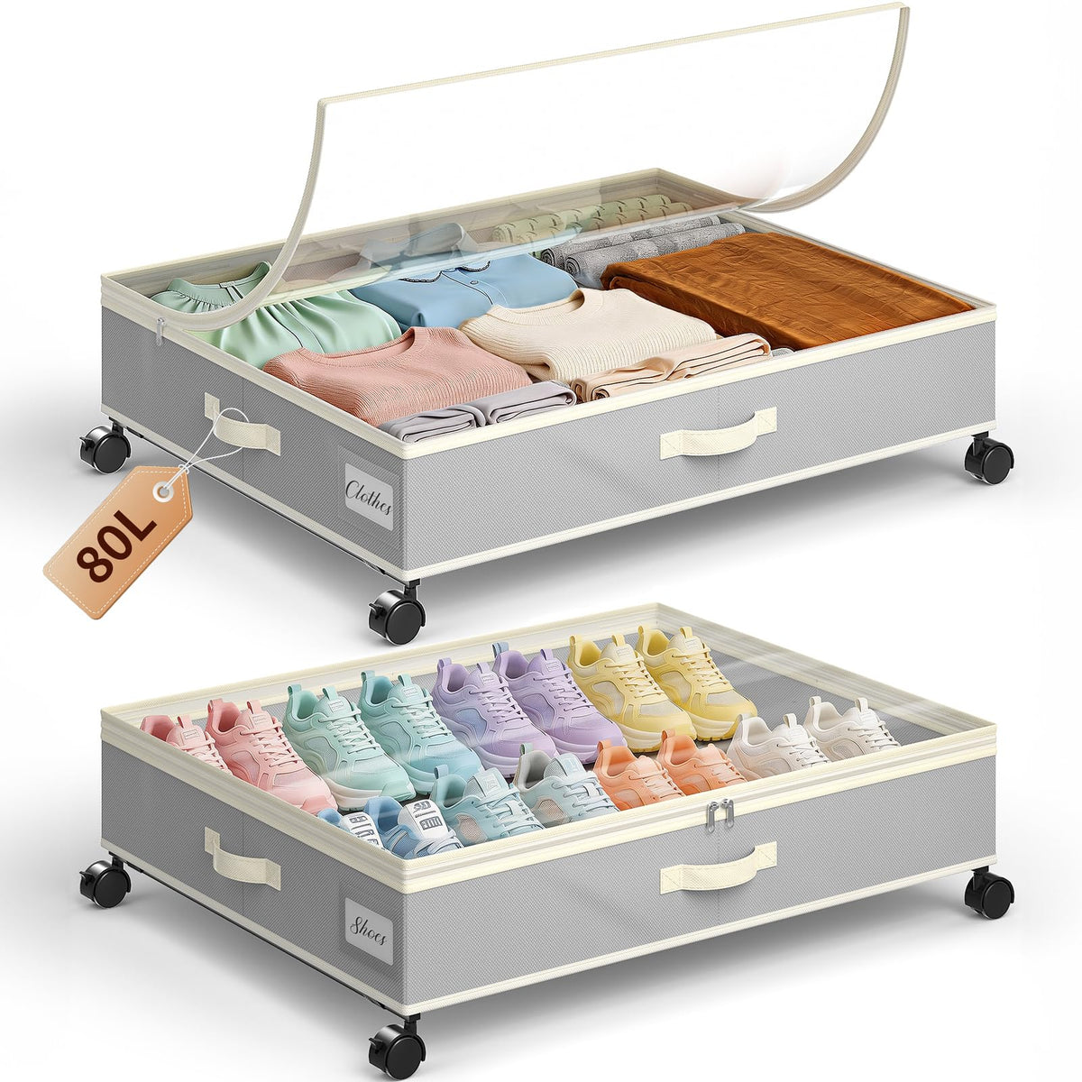 Yecaye Under Bed Storage with Wheels, 2 Pack Under Bed Storage Containers with Adjustable Dividers & Clear Lid, Rolling Underbed Organizer Bins Drawer for Clothes, Shoes, Blankets(30.3 x 16 x 6.7in)