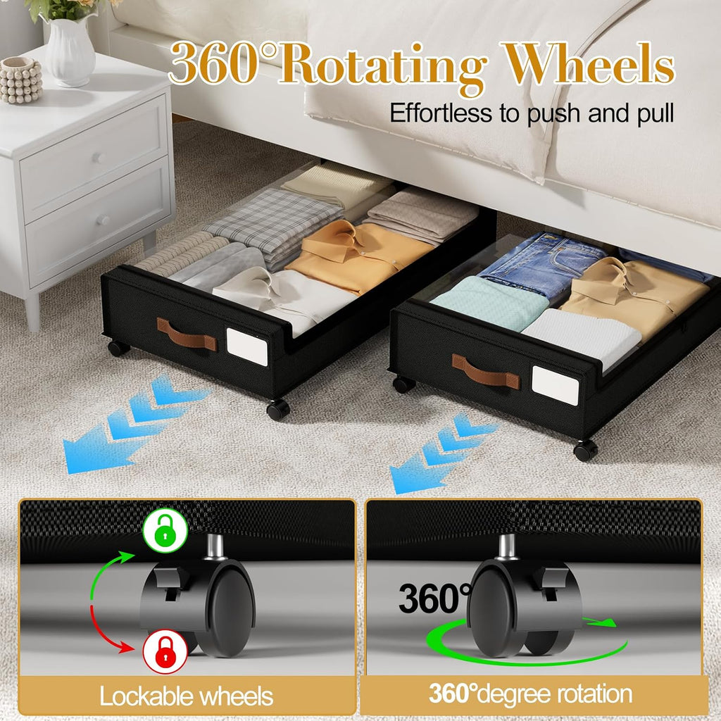 Yecaye 60L Under Bed Storage with Wheels, 2 Pack, Black