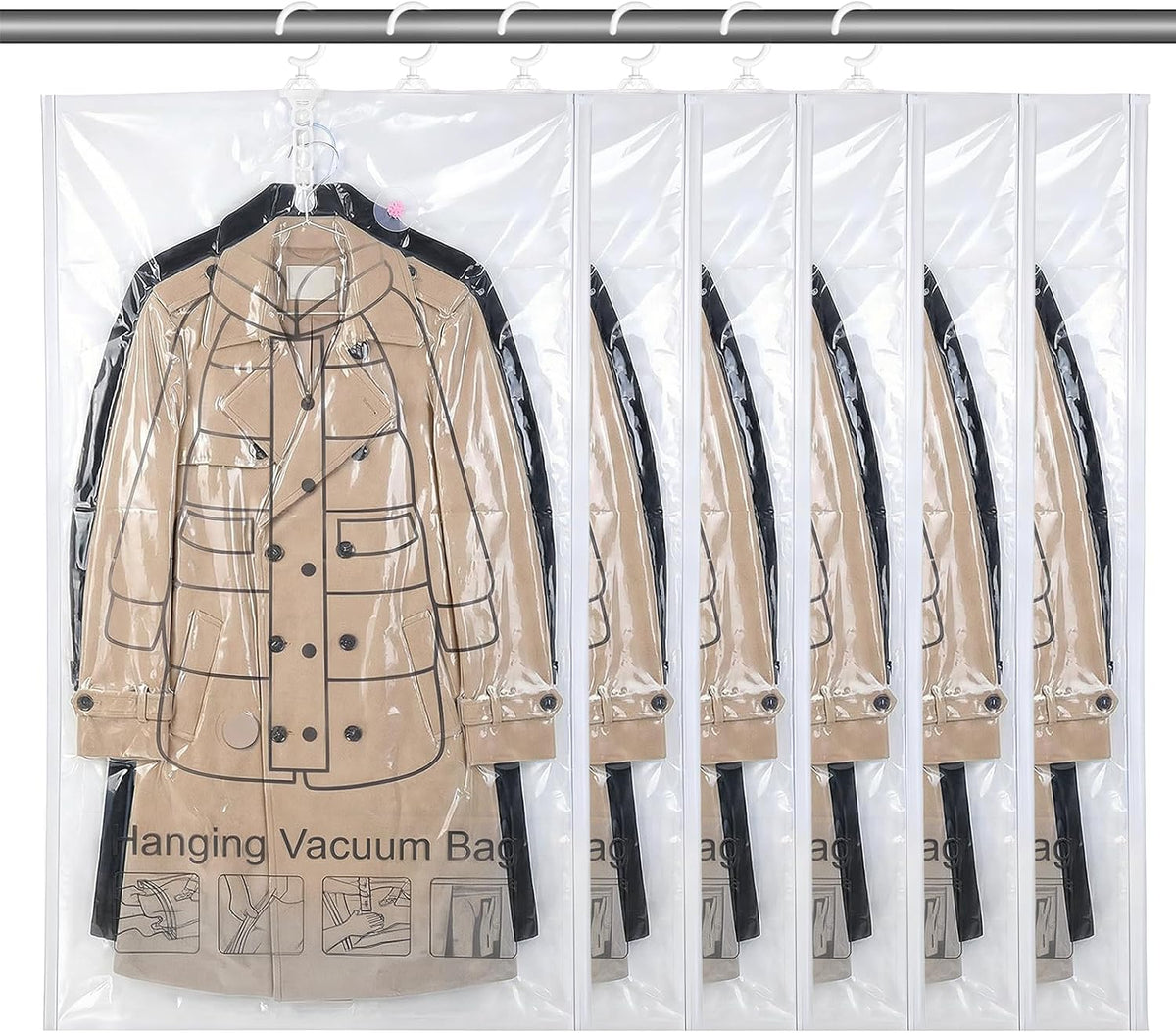 6 Pcs Hanging Vacuum Seal Bags for Clothing, Reusable Compressed Space Saver Vacuum Storage Bags 43.3 x27.6 Inch Vacuum Seal Storage Bag for Closet Organizer Suits Dress Coats Jackets, Clear