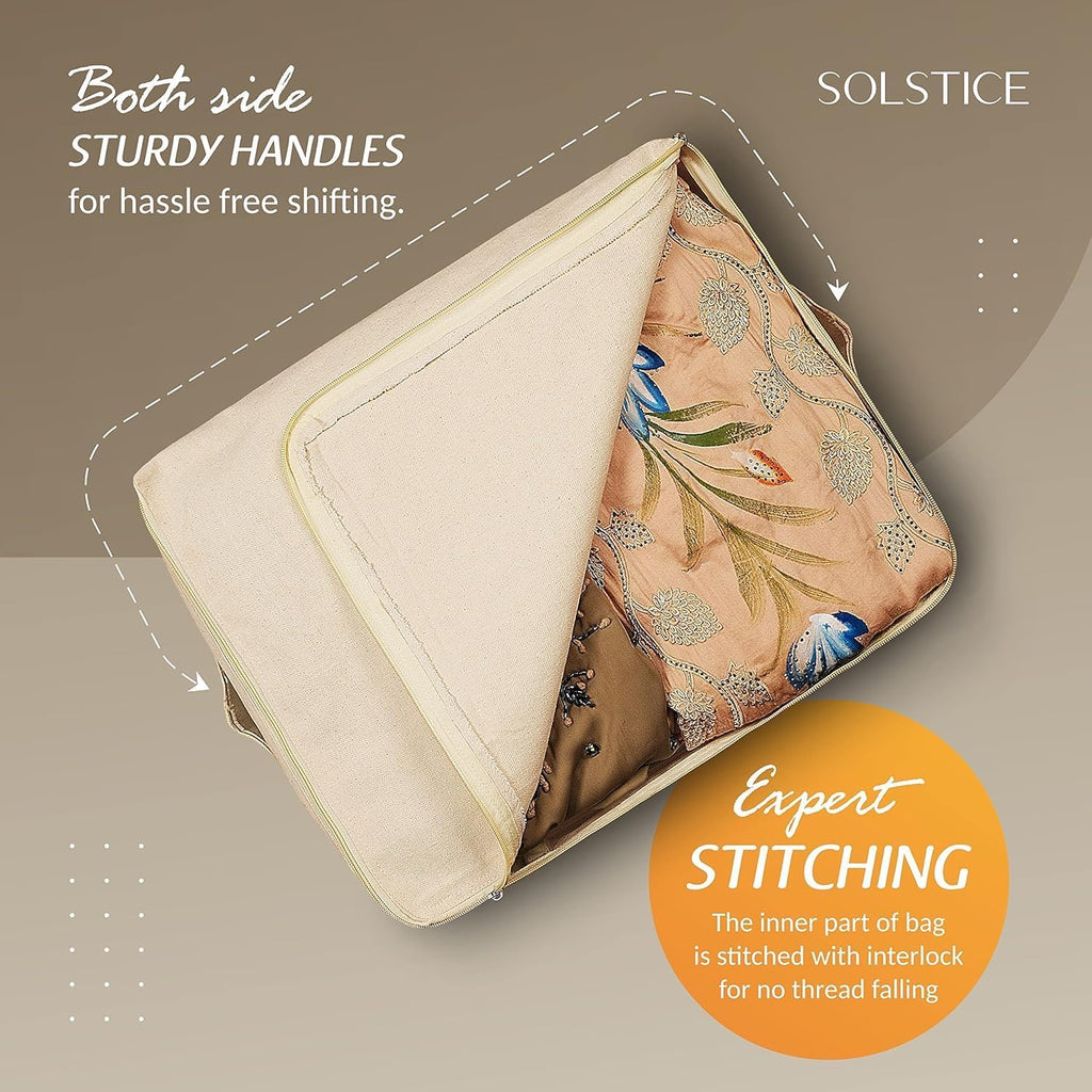 SOLSTICE Cotton Canvas Clothes Storage Bags, Saree Covers with Zip for Storage Specially Design for Woman Dresses, Sarees, Lehengas for Wardrobe Organizer (17 x 14 x 7 Inch, off white, Pack 0f 3)