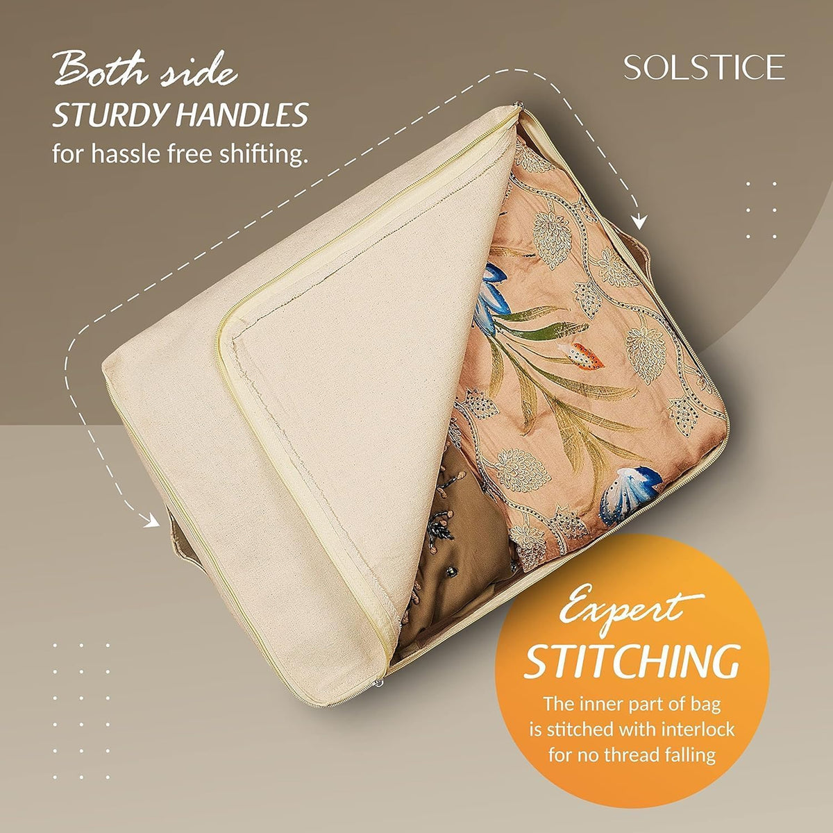 SOLSTICE Cotton Canvas Clothes Storage Bags, Saree Covers with Zip for Storage Specially Design for Woman Dresses, Sarees, Lehengas for Wardrobe Organizer (17 x 14 x 7 Inch, off white, Pack 0f 3)