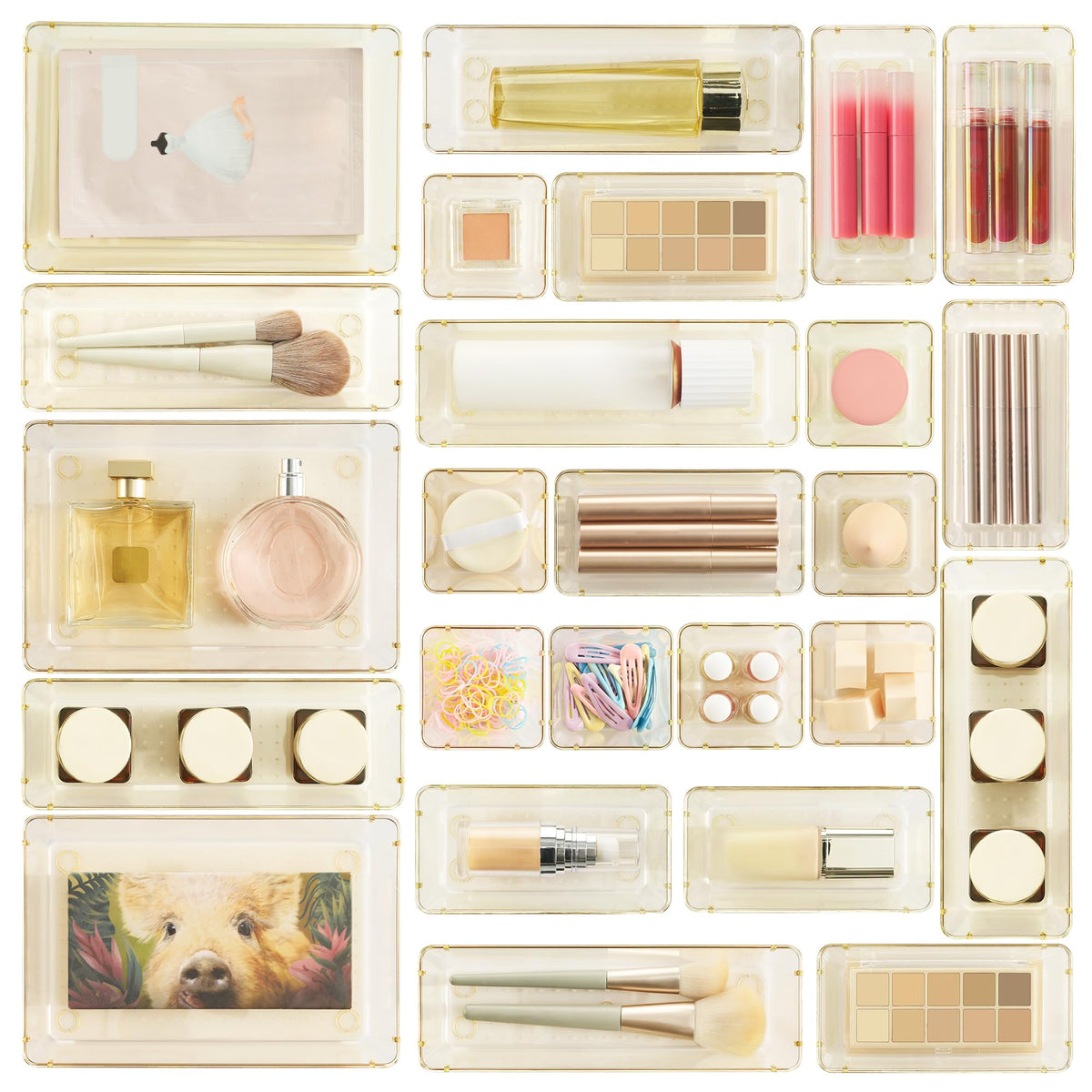 Vtopmart 25 PCS Clear Plastic Drawer Organizers Set, 4-Size Versatile Bathroom and Vanity Drawer Organizer Trays, Storage Bins for Makeup, Bedroom, Kitchen Gadgets Utensils and Office