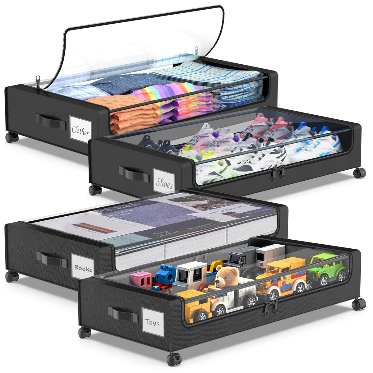 Beborxue Under Bed Storage with Wheels, 2-Pack Under the Bed Storage Containers with Lids, XXL 60L Under Bed Shoes Storage Organizer Bins, Rolling Underbed Storage for Clothes, Shoes, Blankets (Black)