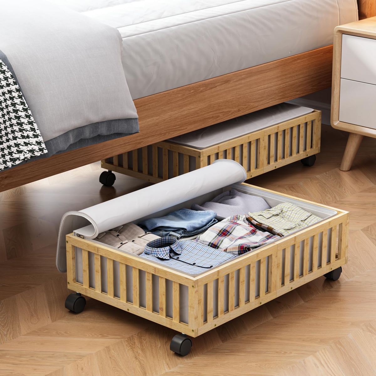 2 Pack Large Bamboo Under Bed Storage Containers with Wheels, Nature