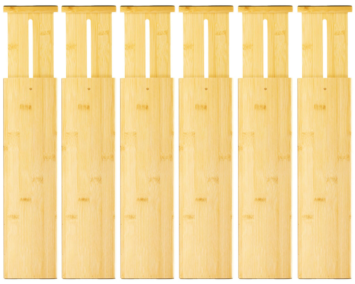 VaeFae 6-Pack Adjustable Bamboo Drawer Dividers, Expandable Drawer Organizer for Kitchen Utensils, Clothes, Bathroom, Office – Fits Drawer Interiors 16.6" to 21.8"