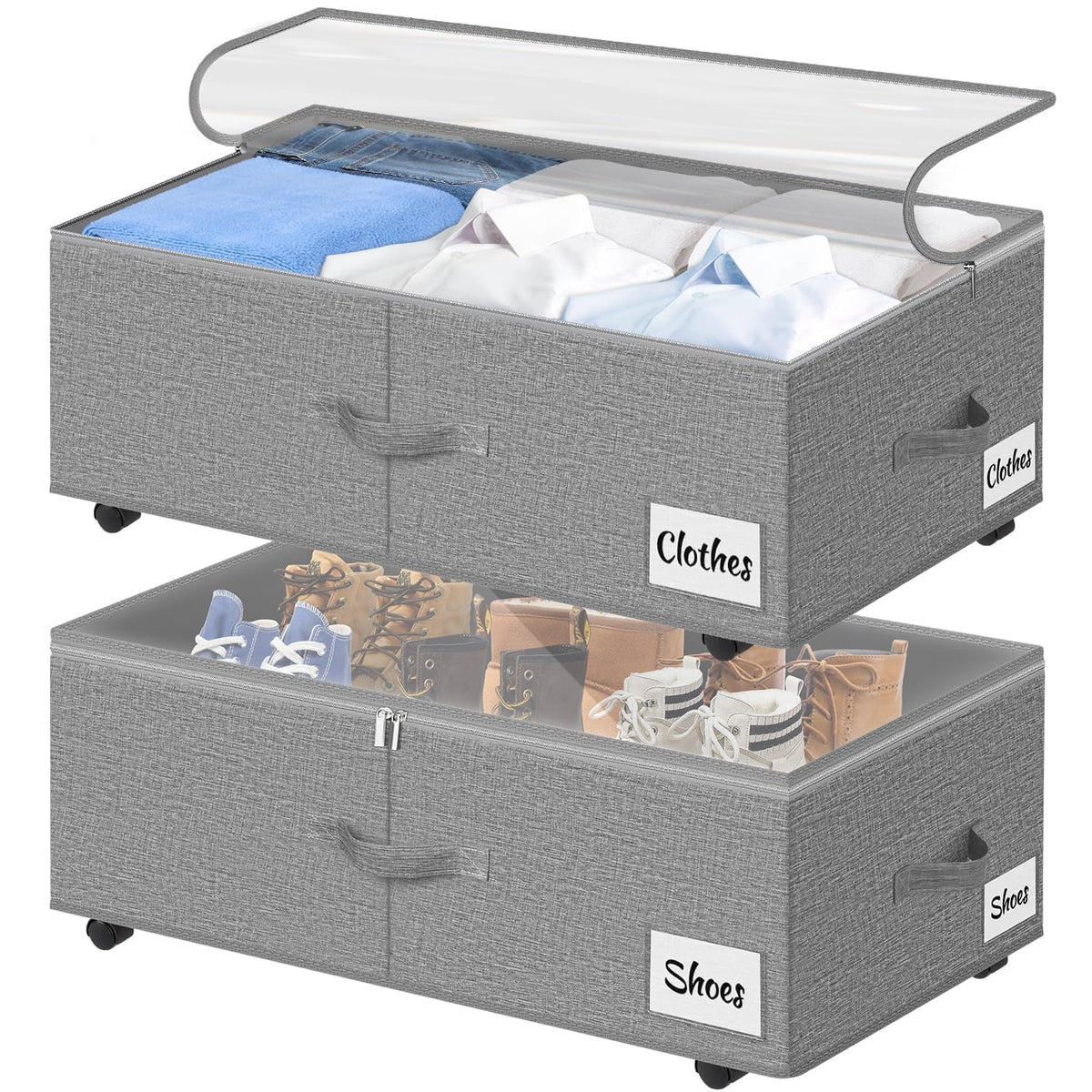 Under Bed Storage with Wheels, 2-Pack 10" Height XXL 75L Rolling Storage Bins, Quick Assembly Underbed Shoe Storage Containers with Clear Lid & Label, Dorm Under Bed Drawers for Clothes, Shoes, Black