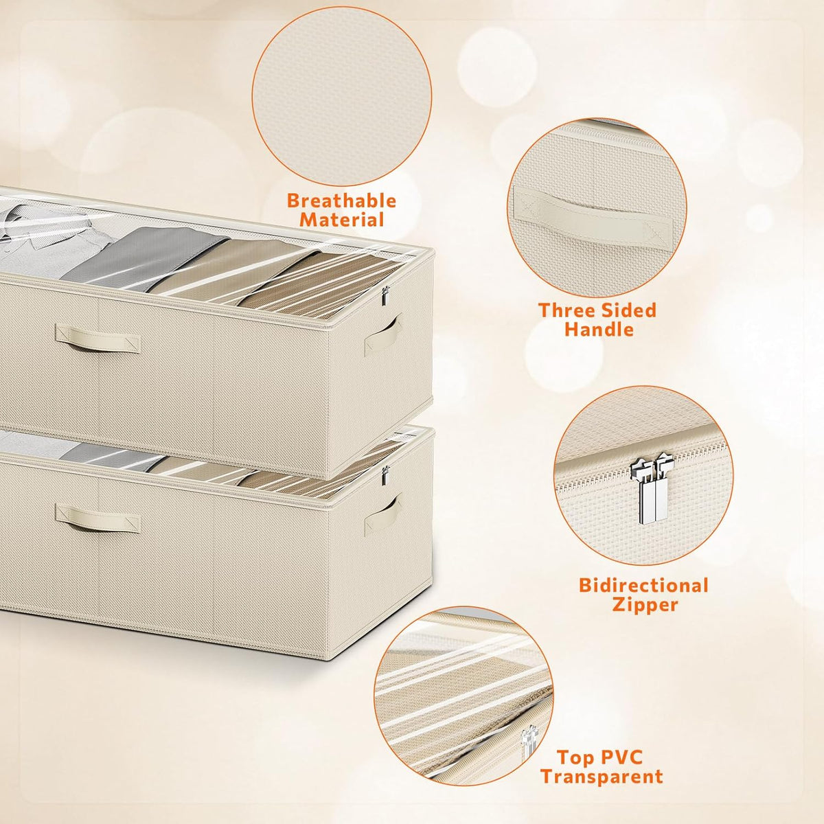 10inch 3 Pack Under Bed Storage Containers, 10 Inch Tall Underbed Clothes Storage Organizer Bin with Clear Window，Foldable Box Basket for Clothes, Closet, Bed Sheets and Blankets Beige