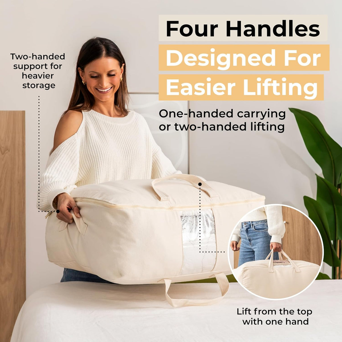 Soft Canvas Storage Bags with Zipper. Thick Breathable, 2pc King/Queen Comforter Organizer. Four Carrying Handles and Window. Large 25x19x9in Bag for Sheets Blankets Bedding Pillows, Clothes
