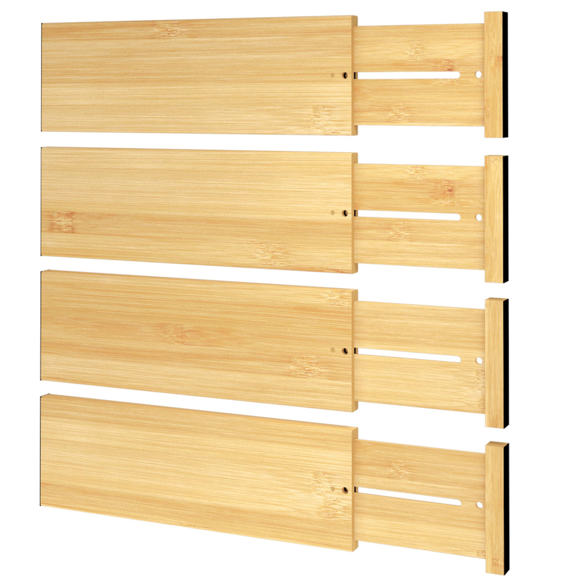 BAMEOS Bamboo Expandable Drawer Dividers – Fits 16.6"–22" Drawers, 2" High, Set of 4 | Spring-Loaded Bamboo Separator for Kitchen Island, Bathroom Vanity & Dresser Drawers