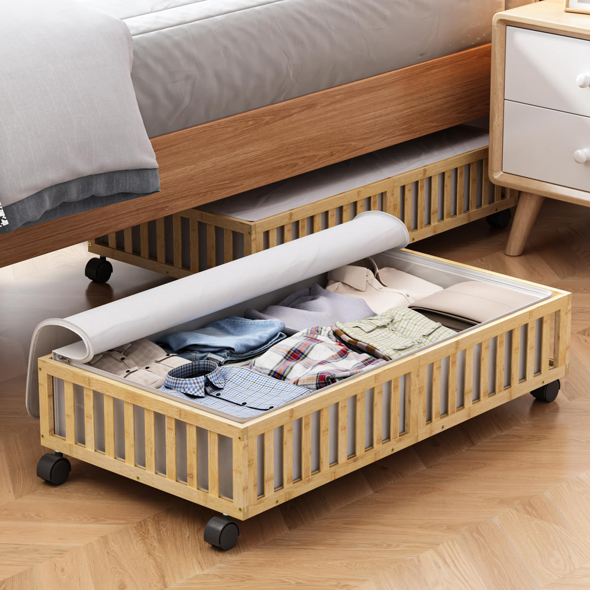 2 Pack Large Bamboo Under Bed Storage Containers with Wheels, Nature