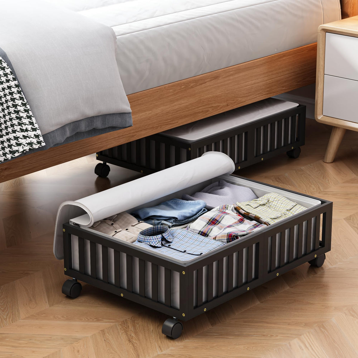 2 Pack Large Bamboo Under Bed Storage Containers with Wheels, Nature