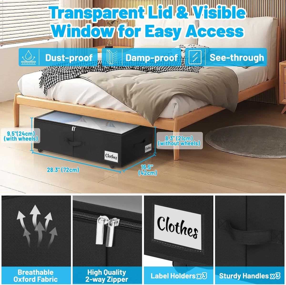 Under Bed Storage with Wheels, 2-Pack 10" Height XXL 75L Rolling Storage Bins, Quick Assembly Underbed Shoe Storage Containers with Clear Lid & Label, Dorm Under Bed Drawers for Clothes, Shoes, Black