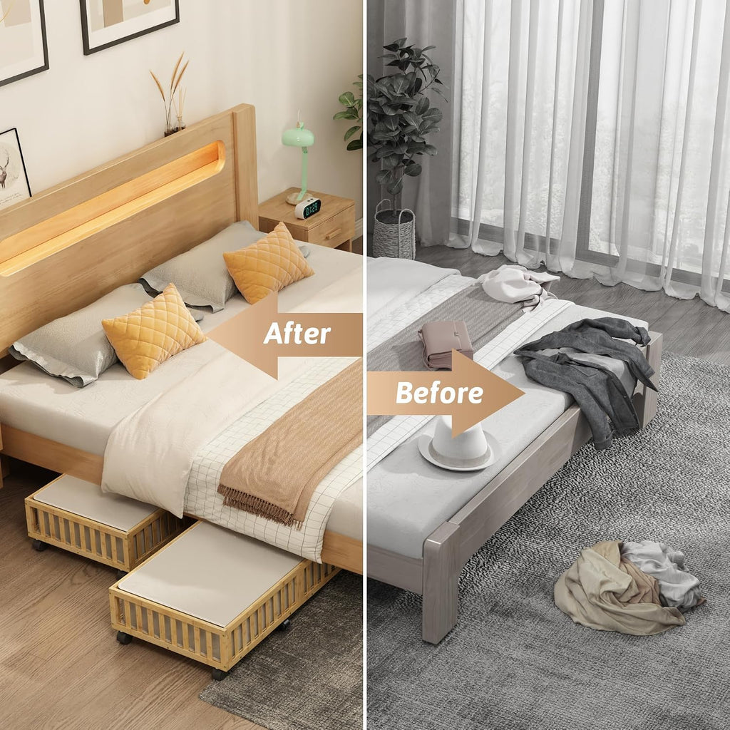 2 Pack Large Bamboo Under Bed Storage Containers with Wheels, Nature