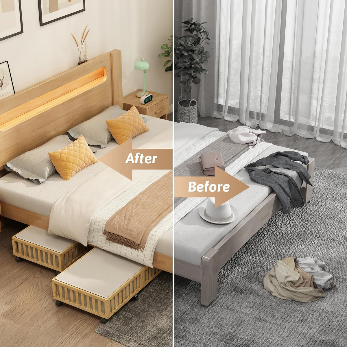 2 Pack Large Bamboo Under Bed Storage Containers with Wheels, Nature
