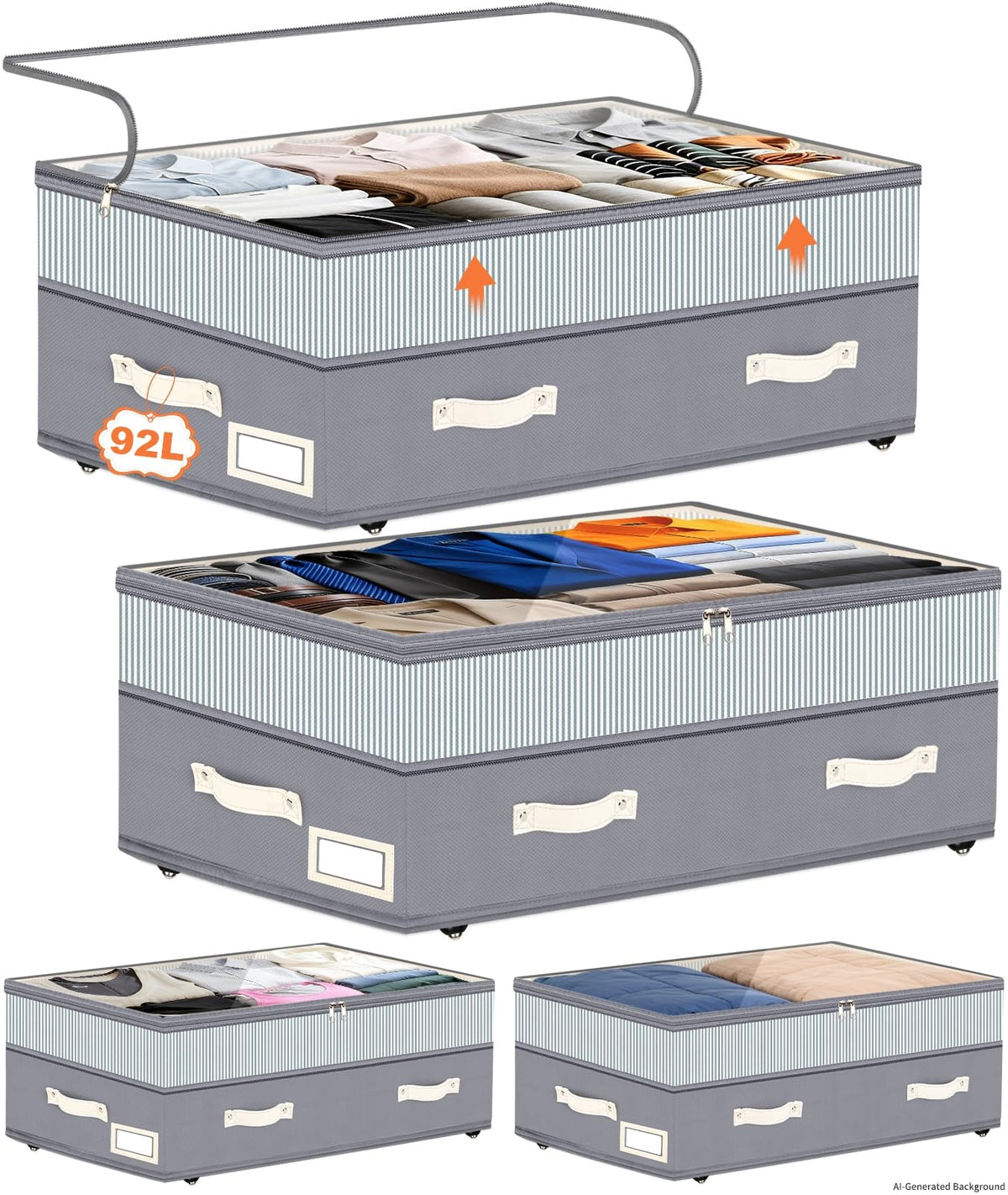 Dolicer 2 Pack Under Bed Storage with Wheels, 6in-10in Height Adjustable Underbed Storage Containers, 92L XXXL Under Bed Drawers Rolling Bin with Clear Lids for Dorm Shoes Clothes Organizers(Grey)