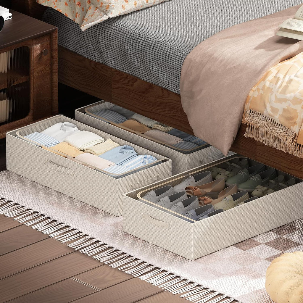 CYhom 3Pcs Under Bed Storage Bins with Metal Frame - Shoe Organizer for Closet with Clear Cover Oxford Fabric Sturdy Underbed Container Foldable Stackable Clothes Organizer (Beige, 23.5x11.8x6.3)