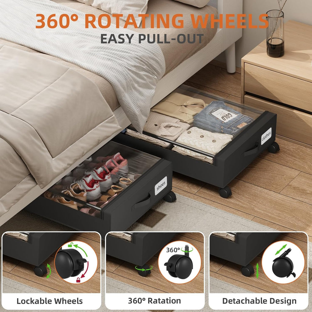 Somdot Under Bed Storage with Wheels, 2 Pack Under Bed Storage Containers