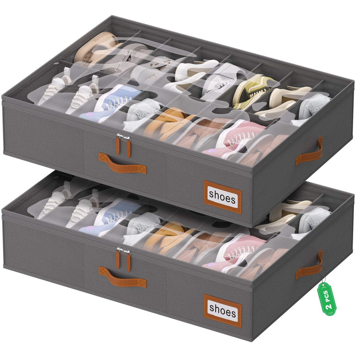 homyfort 32 Pairs Shoe Organizer Under Bed, Underbed Shoe Storage Boxes Bins, Organizador De Zapatos, Extra Large Zapateras Organizer, Grey, Set of 2