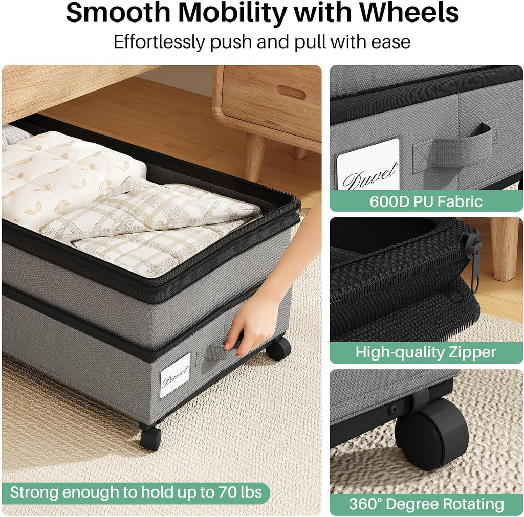 Kitstorack Under Bed Storage with Wheels 2Pack Height-adjustable Under Bed Storage Containers,Under Bed Shoe Storage Organizer with Clear Window&Label, Suitable for Clothes Storage, Gray