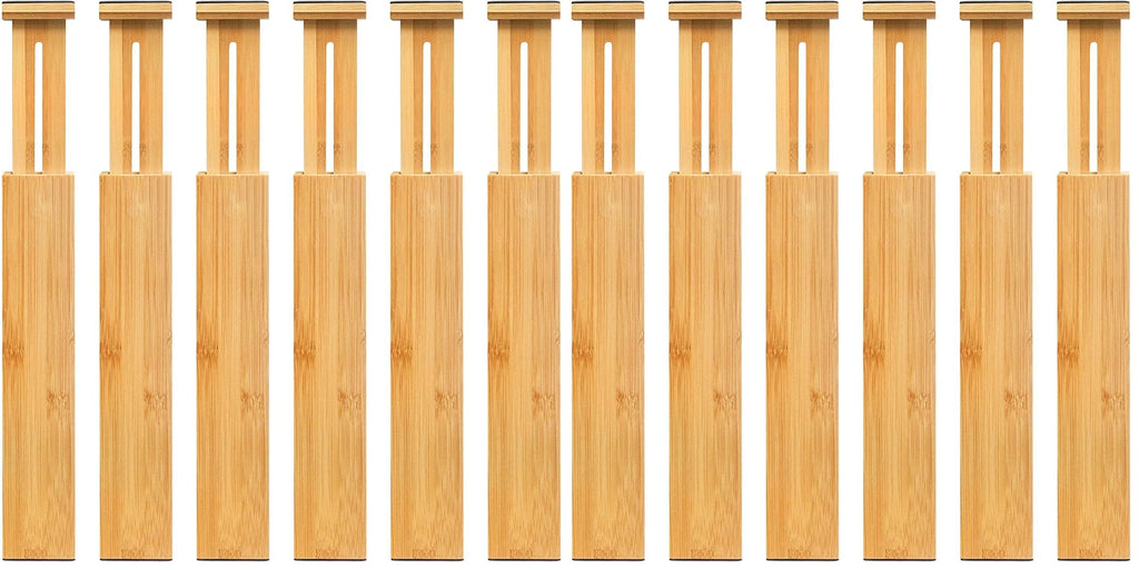 VaeFae 6-Pack Adjustable Bamboo Drawer Dividers, Expandable Drawer Organizer for Kitchen Utensils, Clothes, Bathroom, Office – Fits Drawer Interiors 16.6" to 21.8"