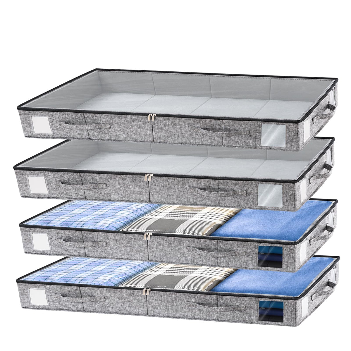 combocube 2 Pack Under Bed Storage Containers, 4.5" Low Profile Underbed Storage Bins with Sturdy Support, Stackable Space Saving Organizer with 4 Handles & Label Windows for Shoes Clothes Blankets