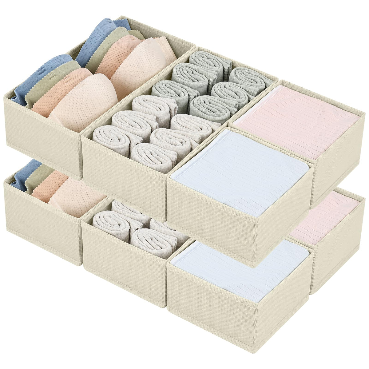 DIMJ Drawer Organizers Clothes, Dresser Organizer Bins for Baby Clothes,Underwear and Sock, Fabric Closet Organization and Storage Boxs, Drawer Dividers for Nursery, Clothing, Tie - 4 Pack, Beige