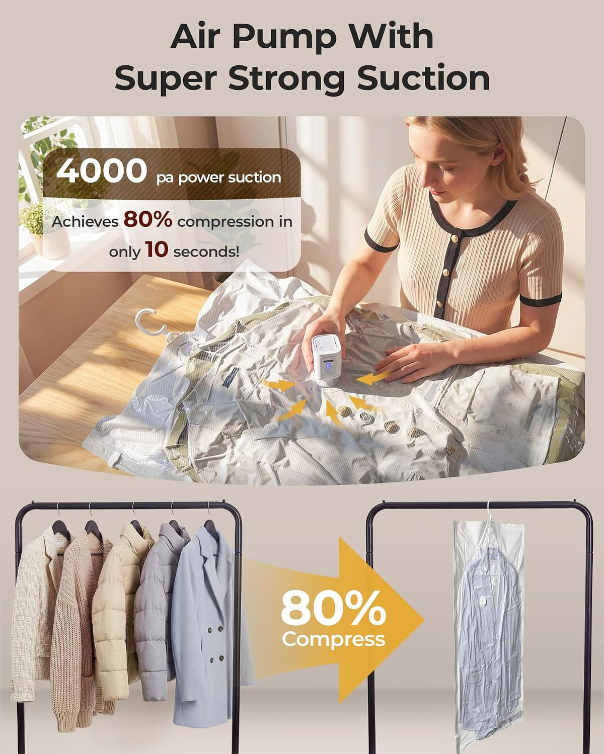 BAGSMART Hanging Vacuum Storage Bags For Clothes, Hand Pump Included