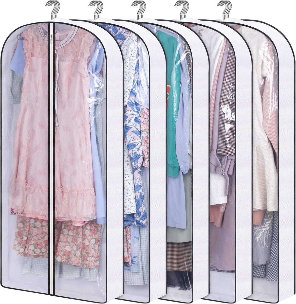 SLEEPING LAMB 60" Long Hanging Garment Bags for Closet Storage Gusseted Clear Dress Bag for Clothes, Gowns, Coats, Suits, 5 Packs