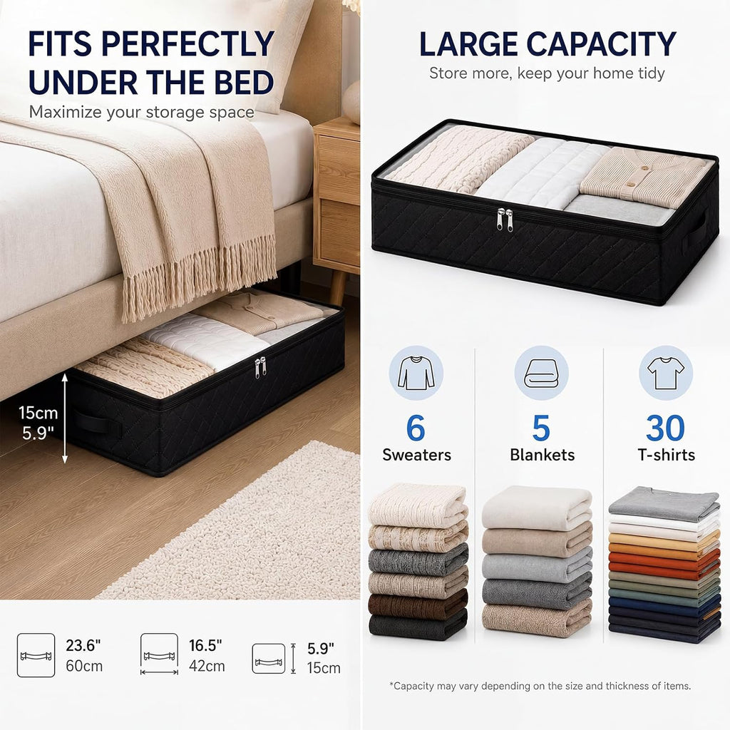 Fixwal Black Underbed Storage Bags with Clear Window and 2 Reinforced Handles Under Bed Storage Containers for Clothing, Bedding, Comforter (2 Pack)