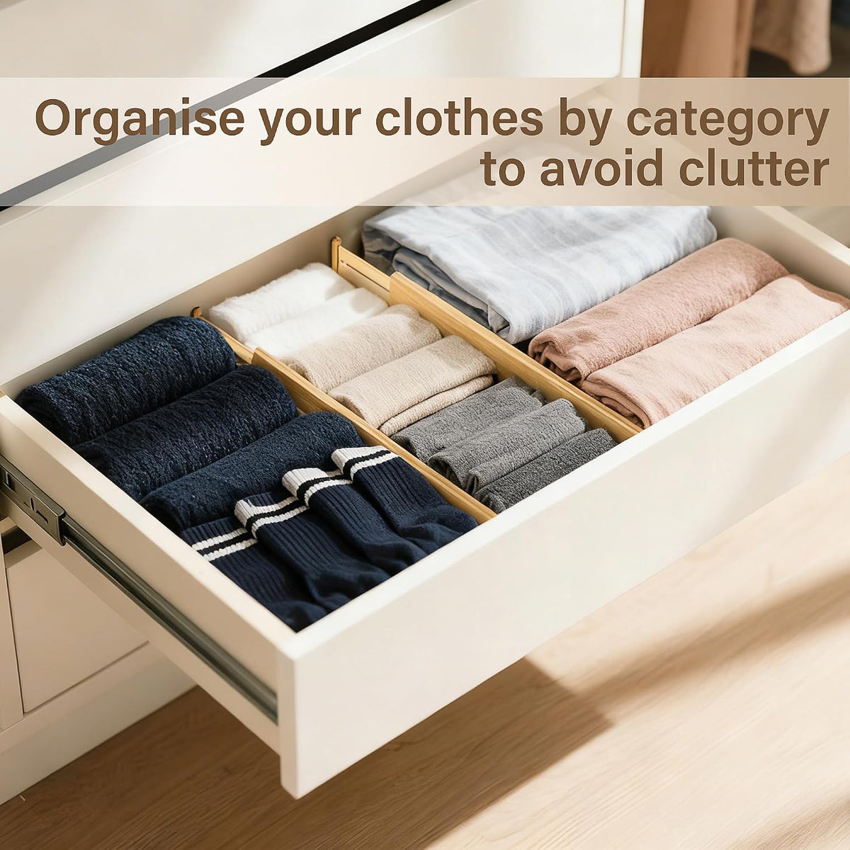 Adjustable Bamboo Drawer Dividers of 8, Expandable Organizers (16.9"-22.2")