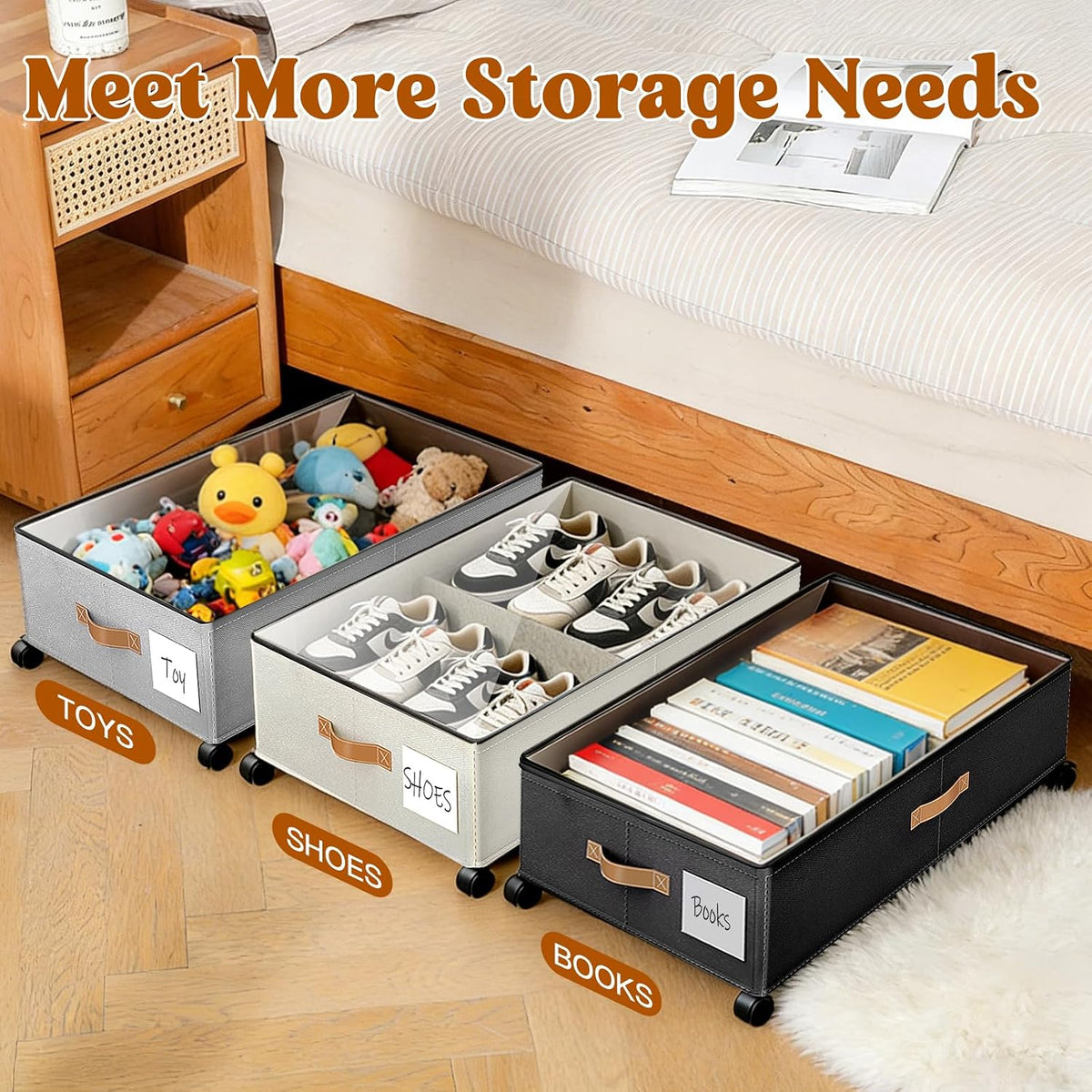 Under Bed Storage with Wheels, Rolling Storage Containers with Clear Lid and Handles for Clothes, Shoes, Blankets, Pillows, Toys, Books, Bags (60L, 30.9 x 16.9 x 6.7in, Beige, 2 Pack)