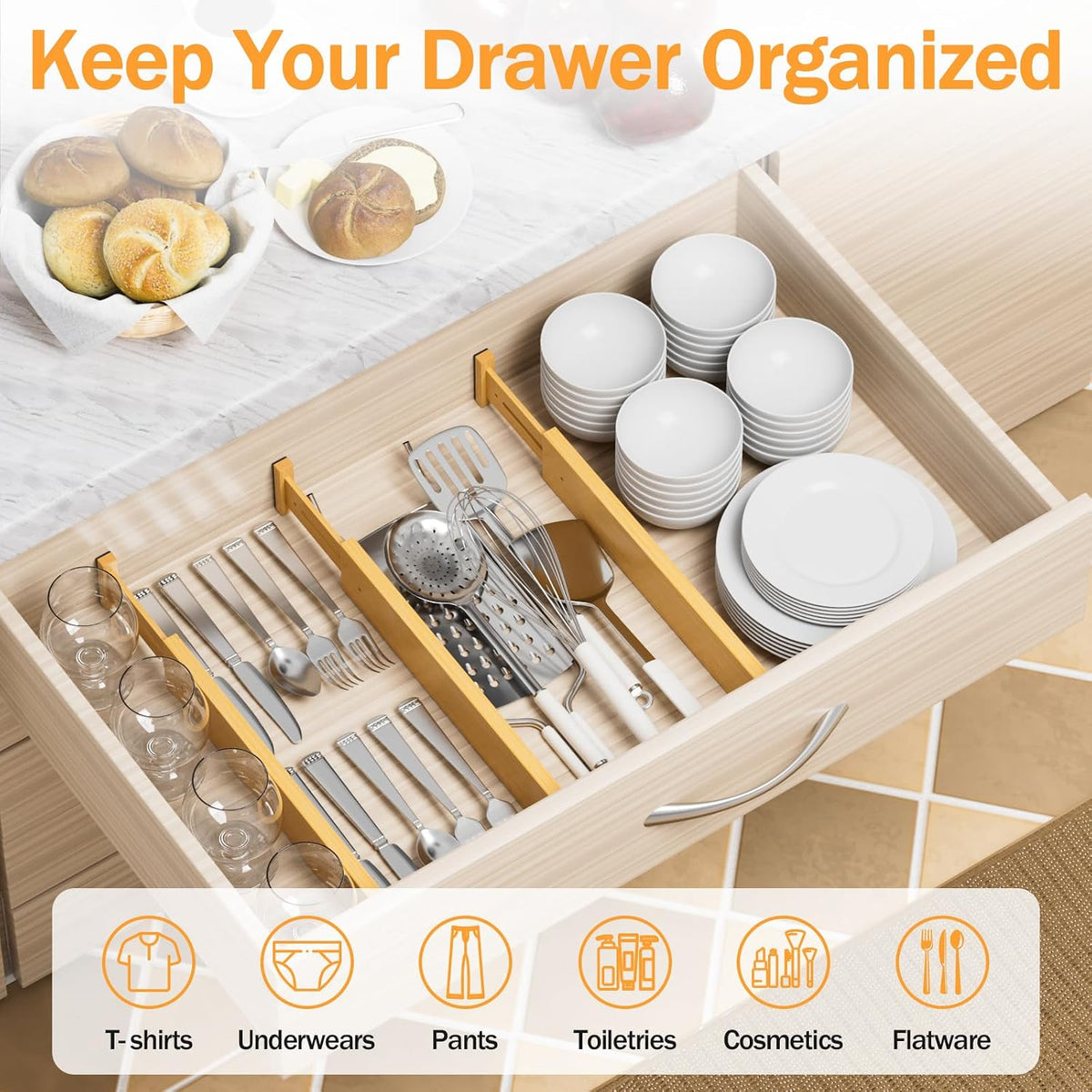 Bamboo Drawer Dividers Organizers, 2.56" High, 17"-21.8" Adjustable, 4 Pack