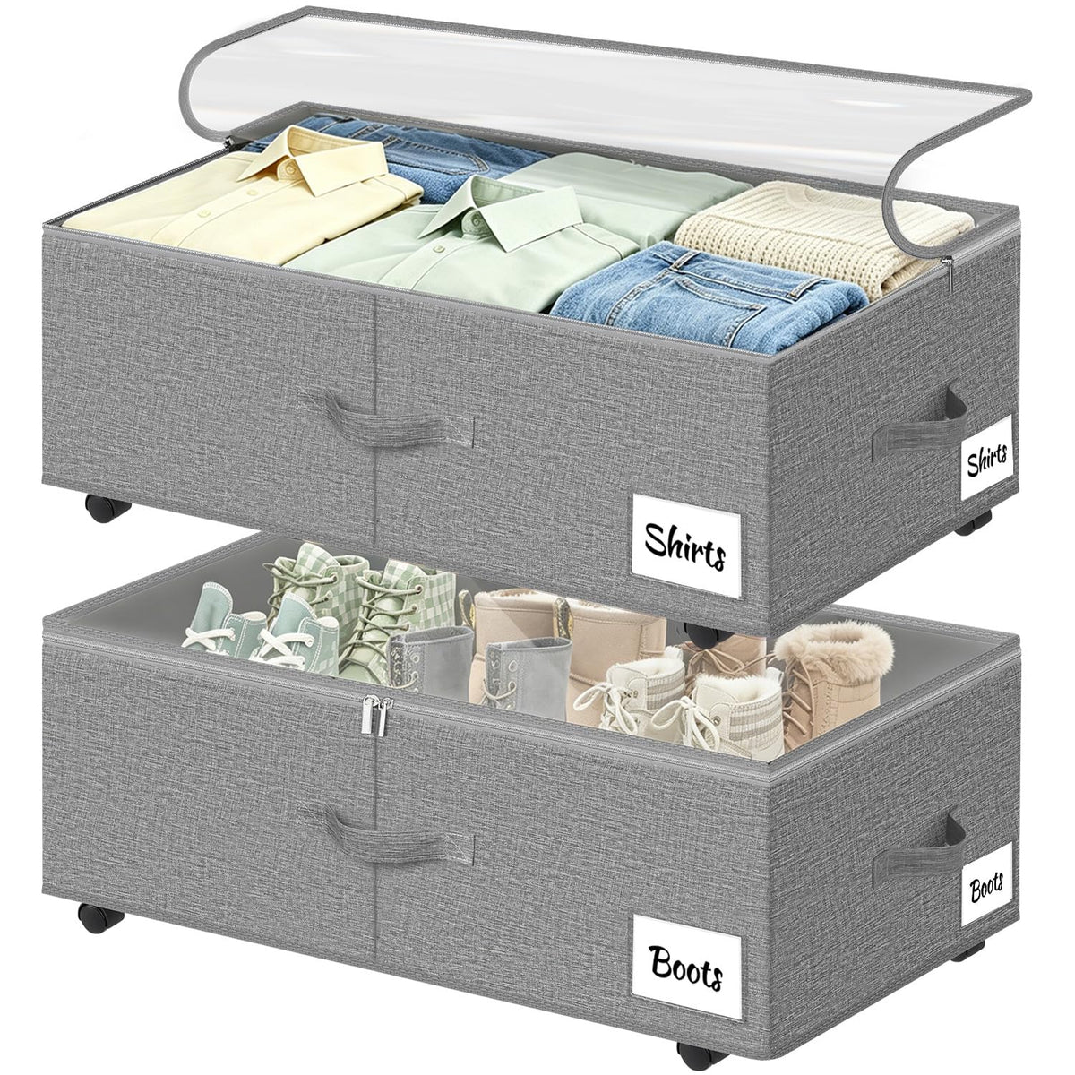 Under Bed Storage with Wheels, 2 Pack Underbed Storage Containers with Clear Lid & Label, XXL 75L Easy Assembly Rolling Under Bed Shoe Storage for Clothes, Shoes, Blankets, Gray(28.3 X 16.5 X 9.5 in)