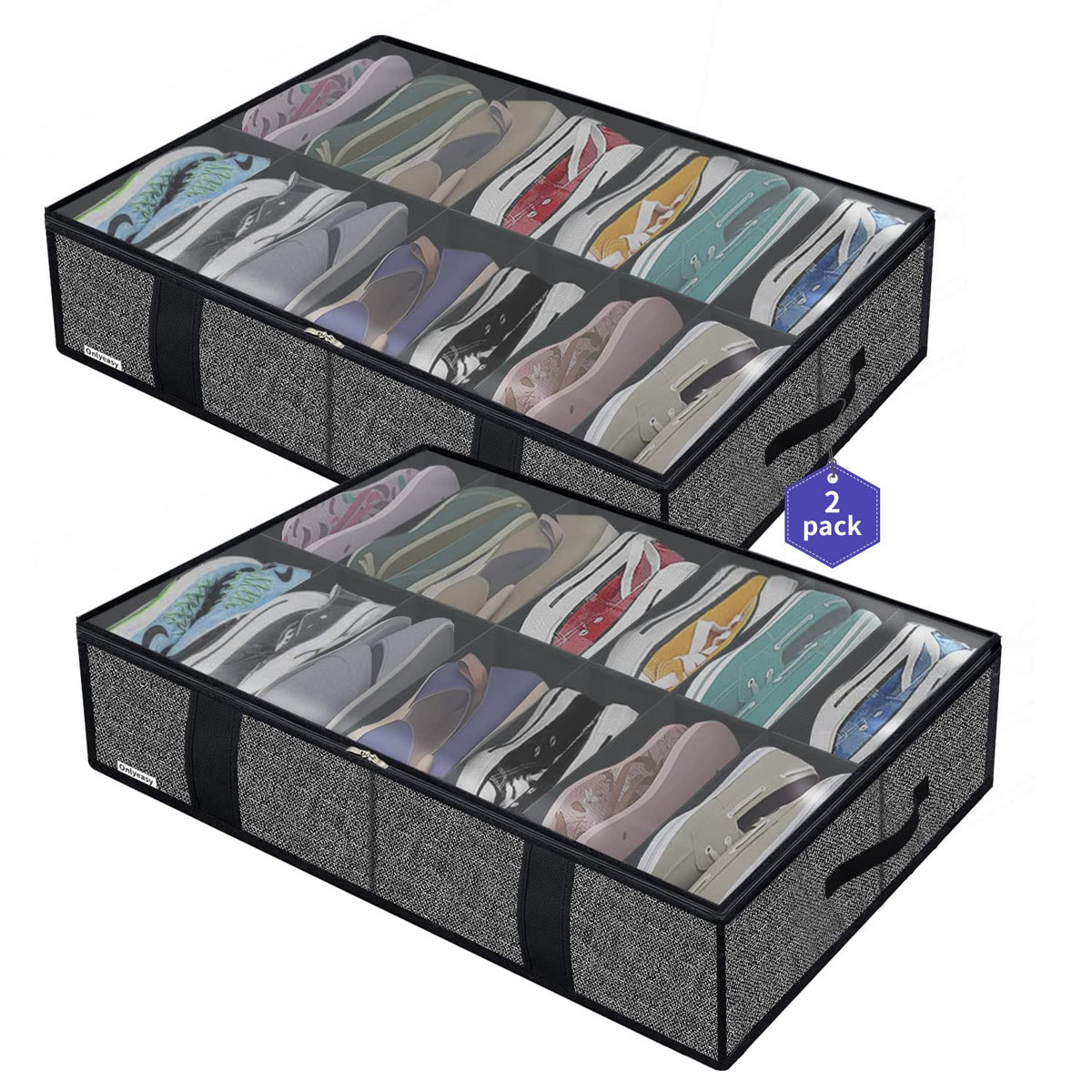 Onlyeasy Sturdy Under Bed Shoe Storage Organizer, Set of 2, Fit 12 to 24 Pairs, Underbed Shoes Closet Storage Solution with Clear Window, Breathable, L29.3 x W23.6 x H5.9, Linen-like Black, MXAUBSB2P