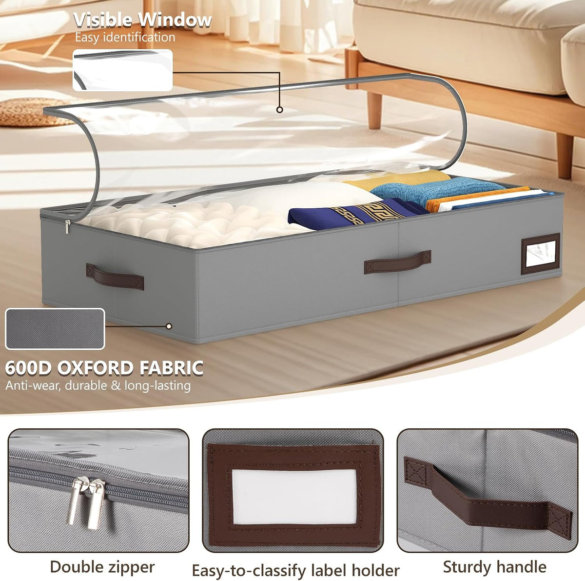 OIAHOMY 2 Pack Under Bed Storage with Handles, Underbed Container for Bedroom & Closet, Fits Beds Higher than 6", Under the Bed Storage for Seasonal Clothes, Blankets & Shoes - Grey