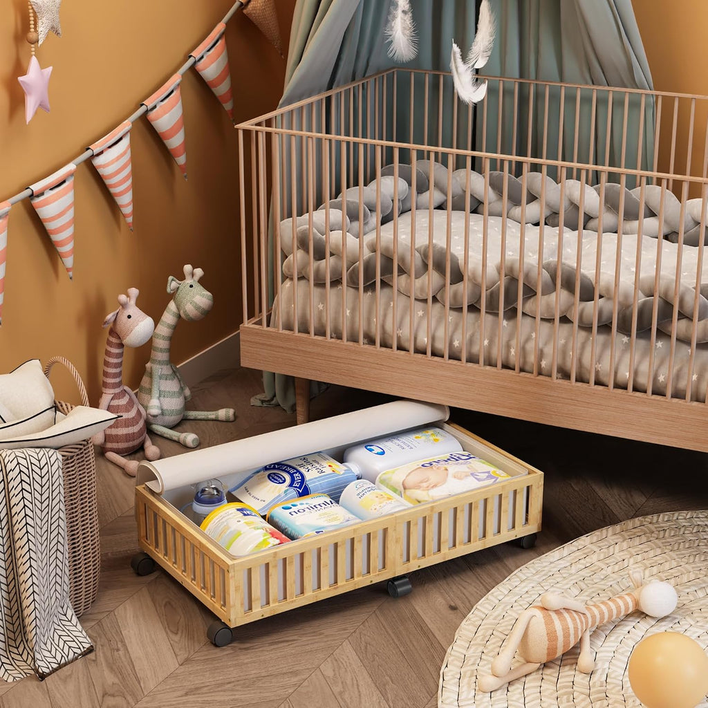 2 Pack Large Bamboo Under Bed Storage Containers with Wheels, Nature