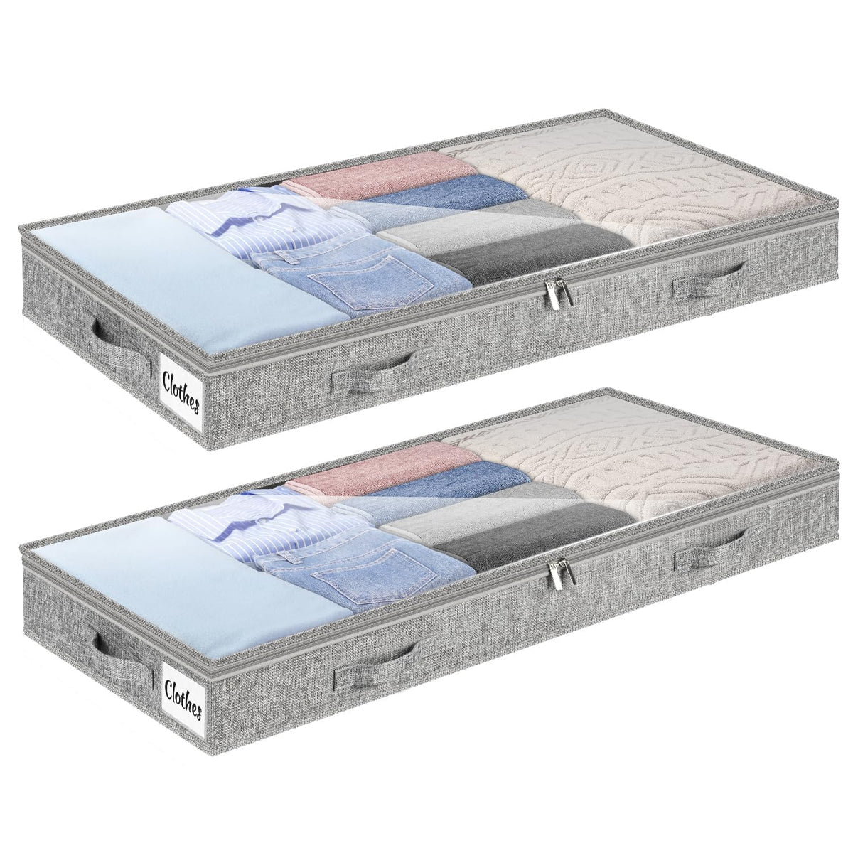 Under Bed Storage Container Bins 2 Pack, 4.5 Inch Slim Low Profile Underbed Clothes Storage Organizer for Dorm & Home, Use for Blanket and Toy Storage Box W/ Sturdy Bottom/Sides, Foldable Thick Fabric