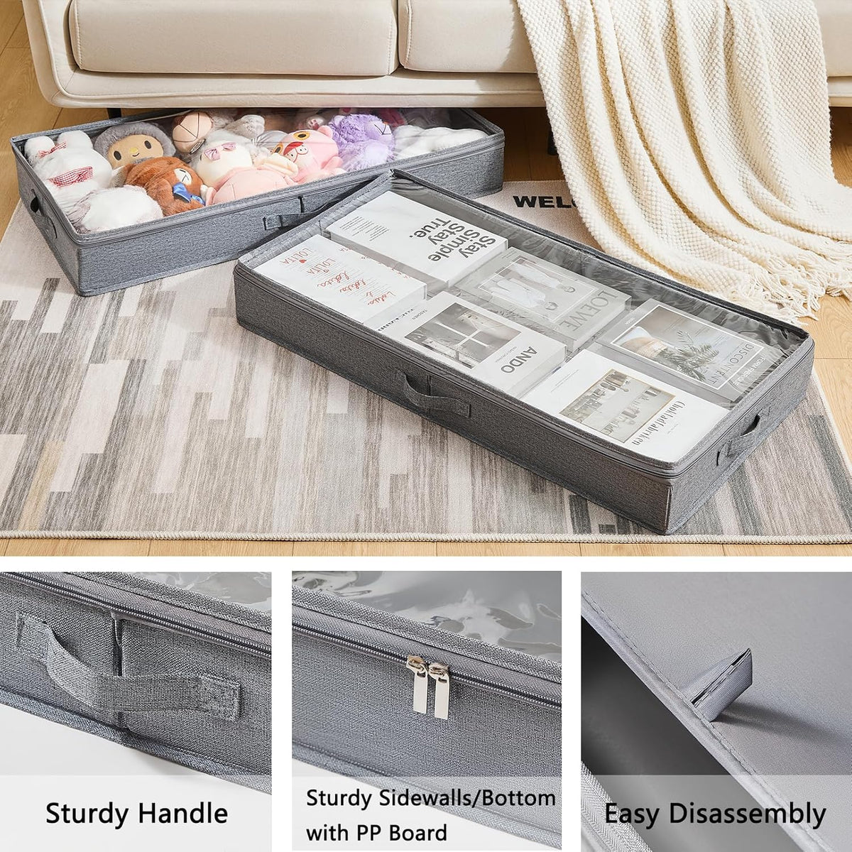 Berdeng 3 Pack Under Bed Storage Containers, Low Profile Underbed Shoes and Clothes Storage Organizer with Sturdy Sidewalls/Bottom, Large Dorm Storage Bins,33 * 17 * 4.5 inches,45L