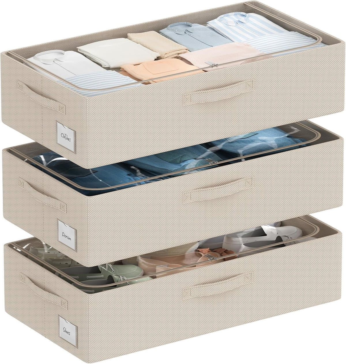 CYhom 3Pcs Under Bed Storage Bins with Metal Frame - Shoe Organizer for Closet with Clear Cover Oxford Fabric Sturdy Underbed Container Foldable Stackable Clothes Organizer (Beige, 23.5x11.8x6.3)